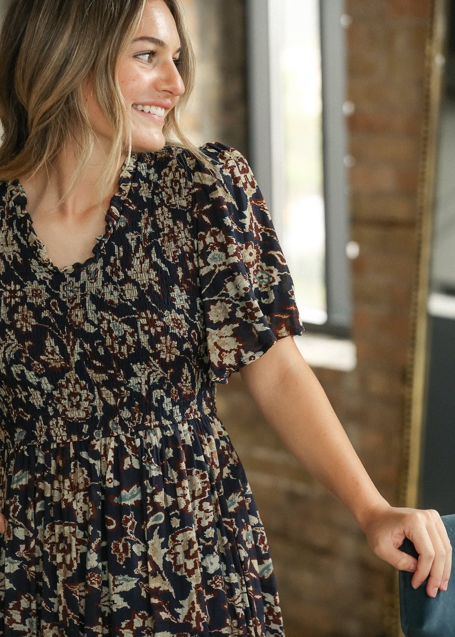 Ruffle V-neck Smocked Midi Dress FF Skirts