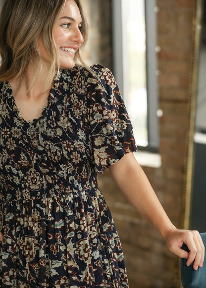Ruffle V-neck Smocked Midi Dress FF Skirts