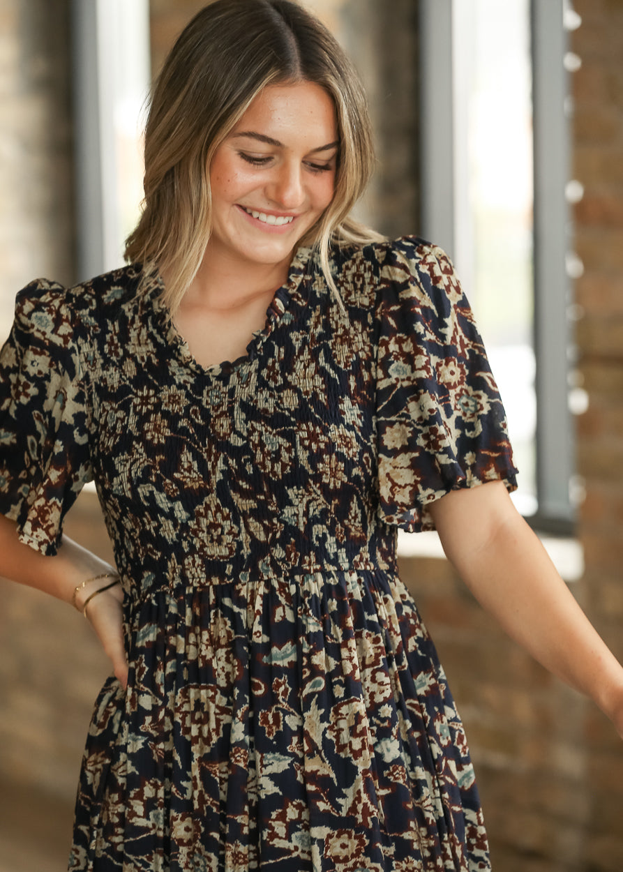 Ruffle V-neck Smocked Midi Dress FF Skirts