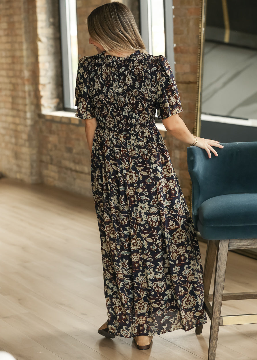 Ruffle V-neck Smocked Midi Dress FF Skirts