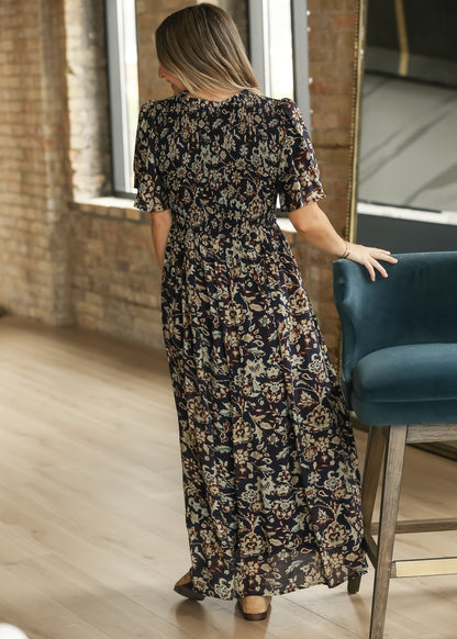 Ruffle V-neck Smocked Midi Dress FF Skirts