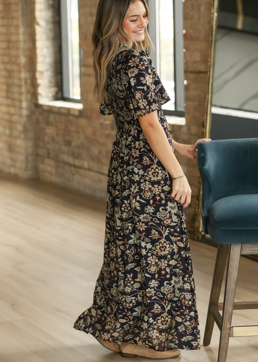 Ruffle V-neck Smocked Midi Dress FF Skirts