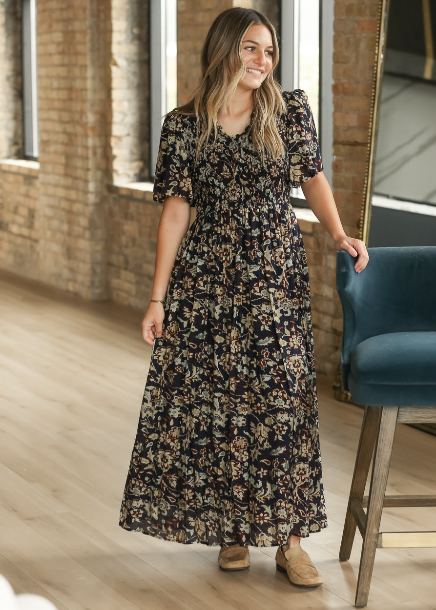 Ruffle V-neck Smocked Midi Dress FF Skirts