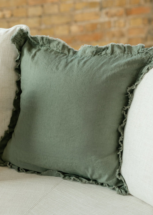 Ruffled Linen Cushion Cover Pillowcase FF Home + Lifestyle Green
