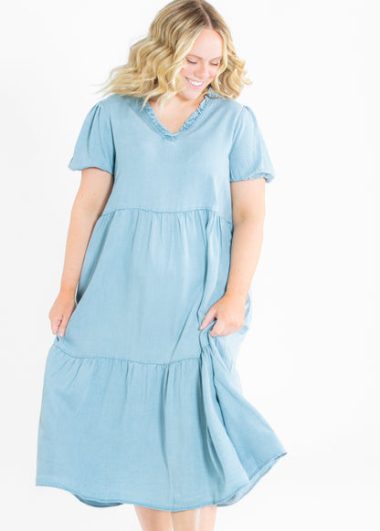 Ruffled V Neck Puff Sleeve Tencel Dress FF Dresses
