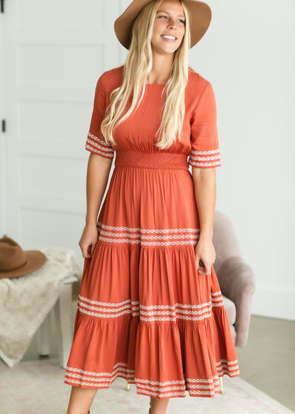 Rust Smocked Tiered Midi Dress - FINAL SALE Dresses