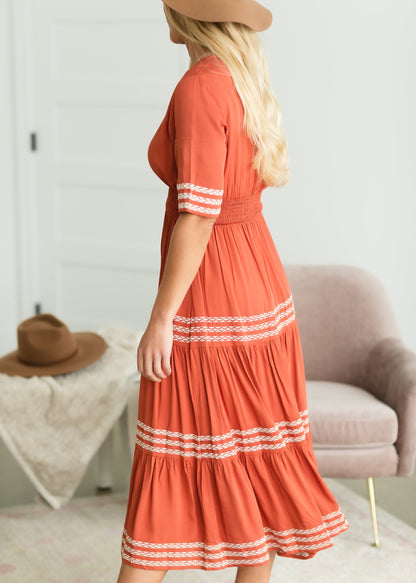 Rust Smocked Tiered Midi Dress - FINAL SALE Dresses