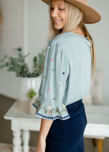 Sage Embroidered Bell Sleeve Top Tops