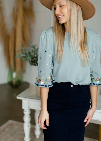 Sage Embroidered Bell Sleeve Top Tops