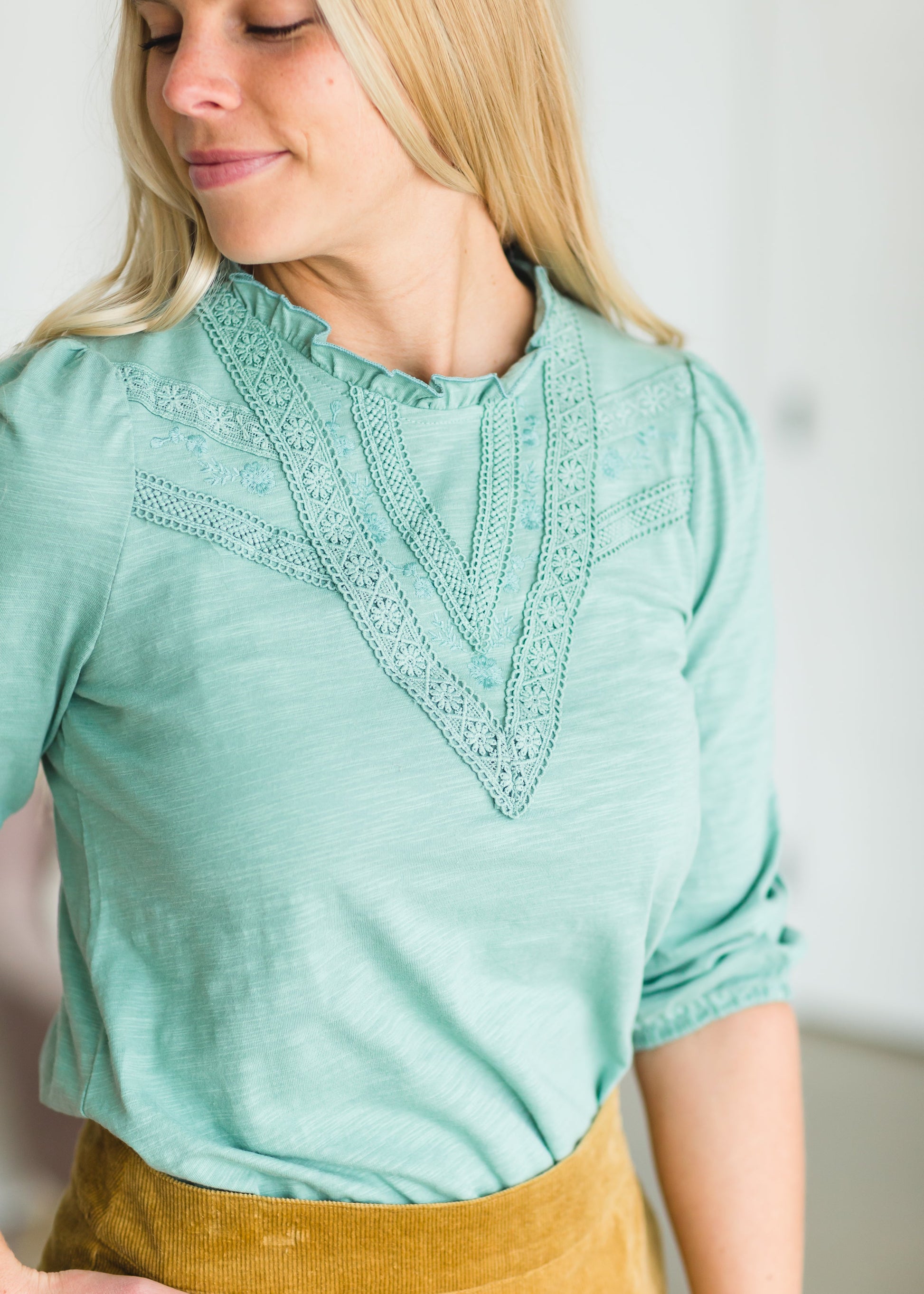 Sage Embroidered Detail Top - FINAL SALE Tops