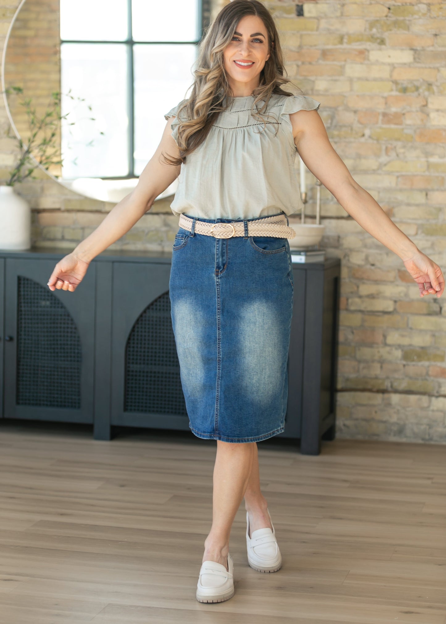 Sage Ladder Lace Flounce Sleeve Top FF Tops