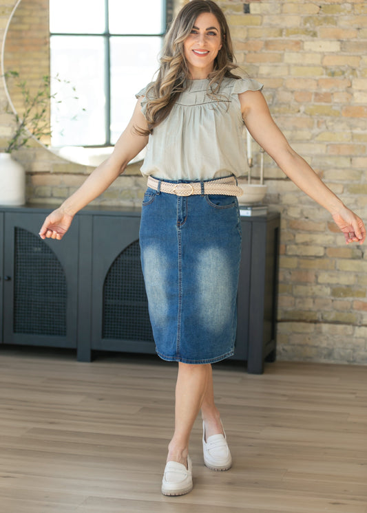 Sage Ladder Lace Flounce Sleeve Top FF Tops