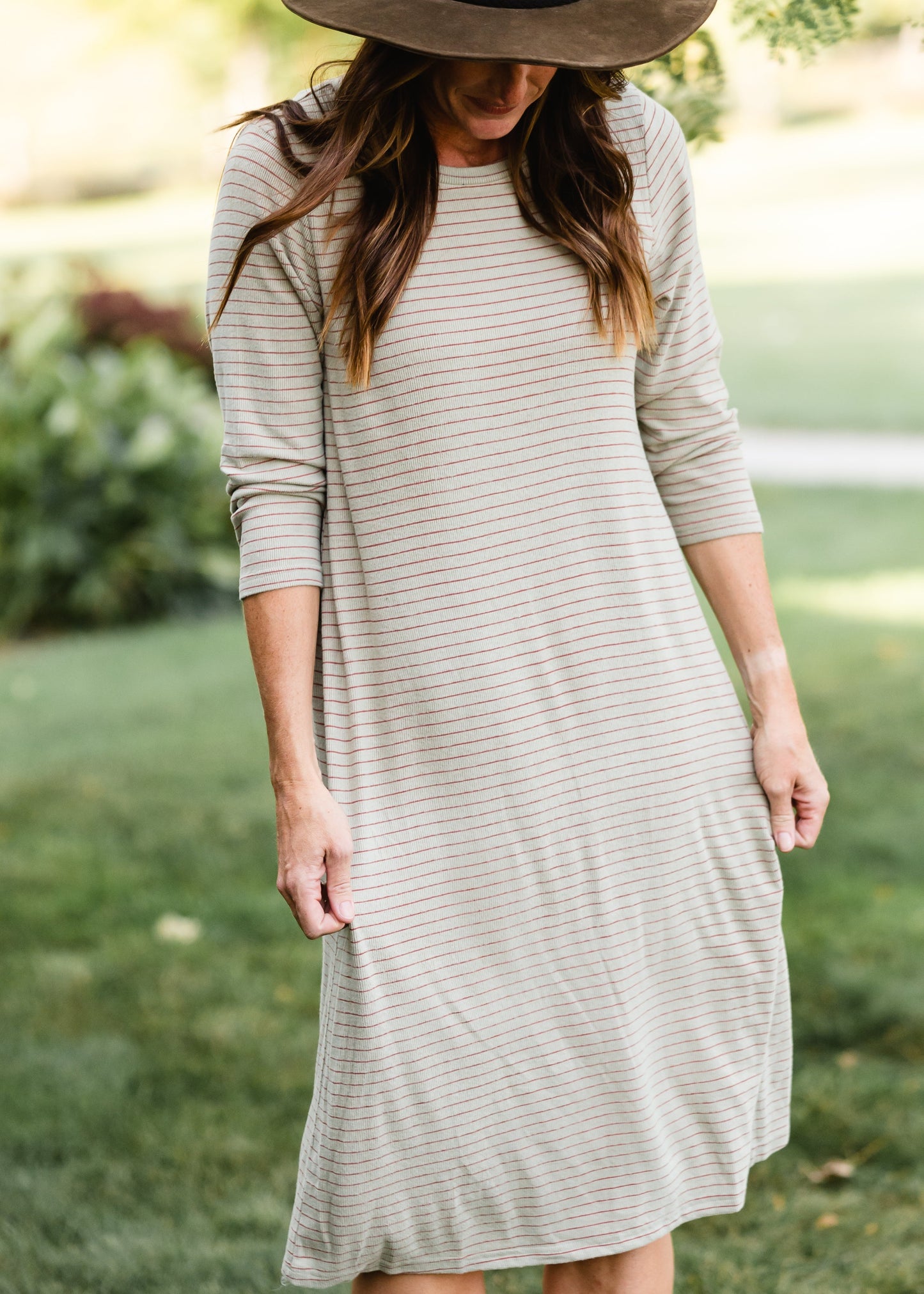 Sage Striped Comfy T-Shirt Midi Dress - FINAL SALE FF Dresses