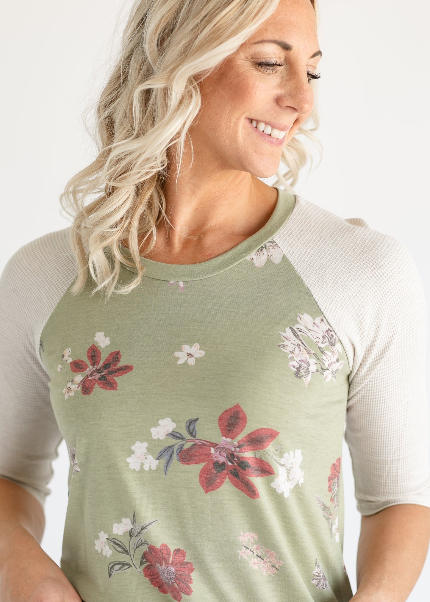 Sage Striped Raglan Sleeve Floral T-shirt FF Tops