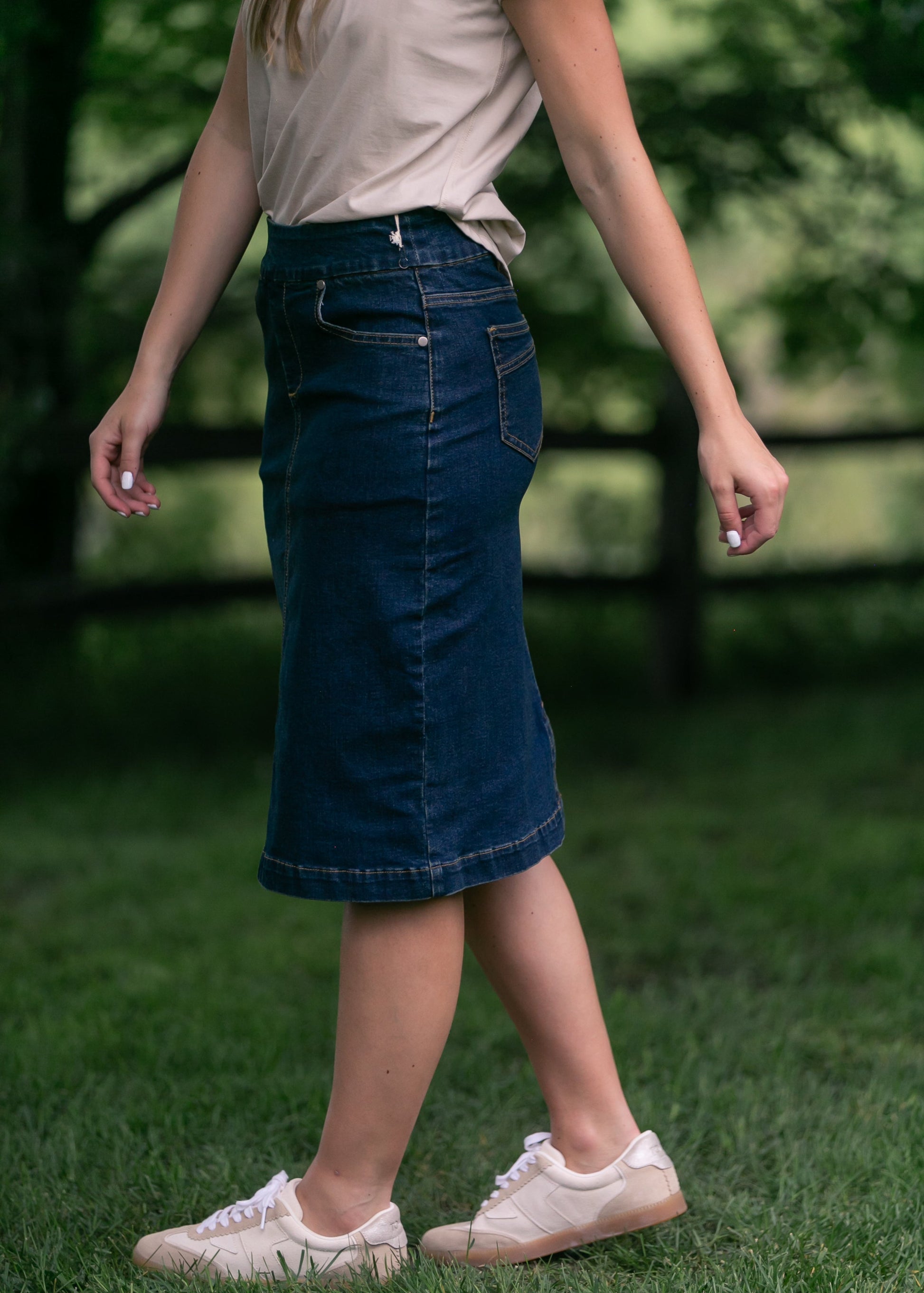 midi dress sandra jeans Sandra Dark Wash Denim Midi Skirt – Inherit Co