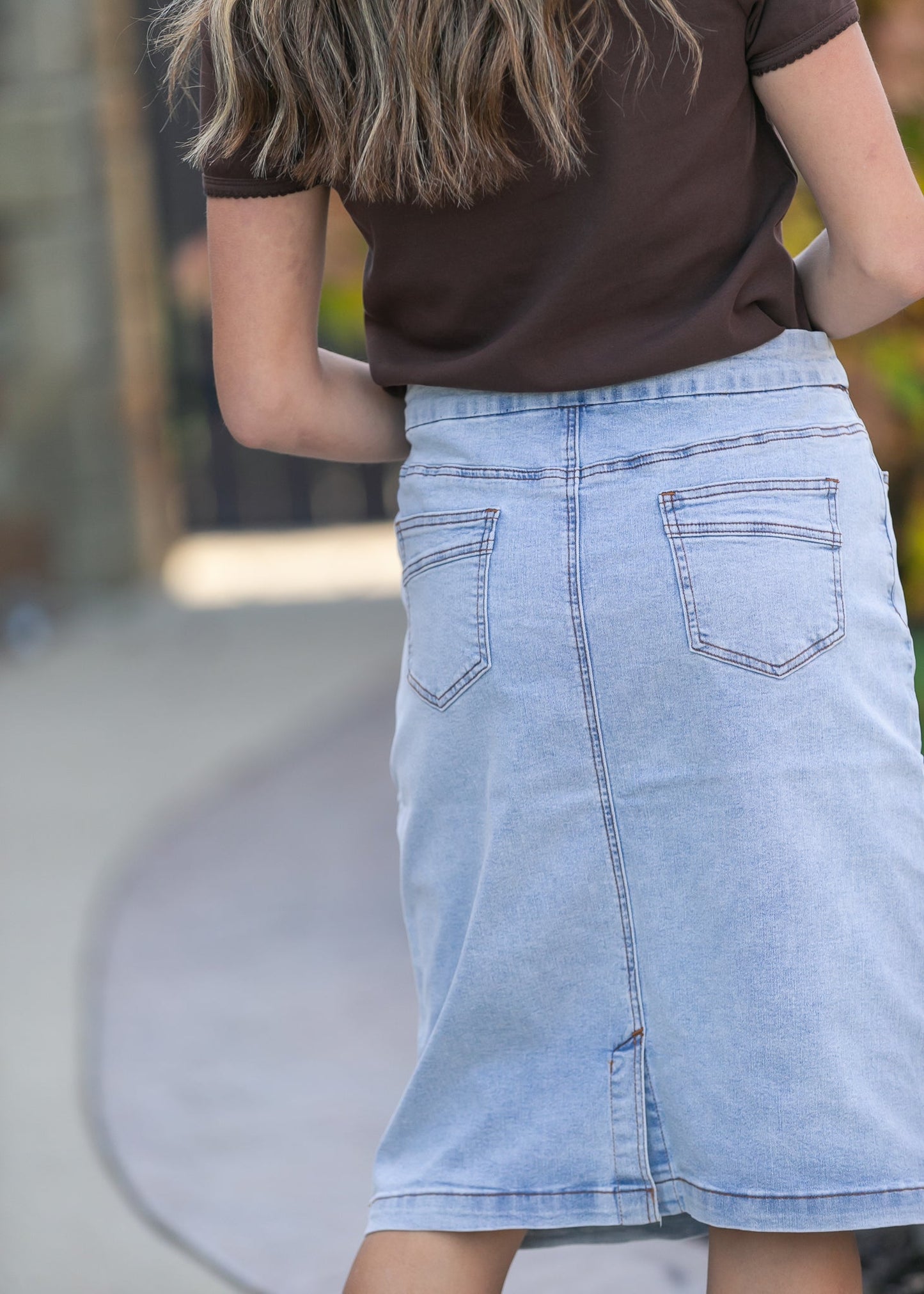 Sandra Light Wash Denim Midi Skirt IC Skirts