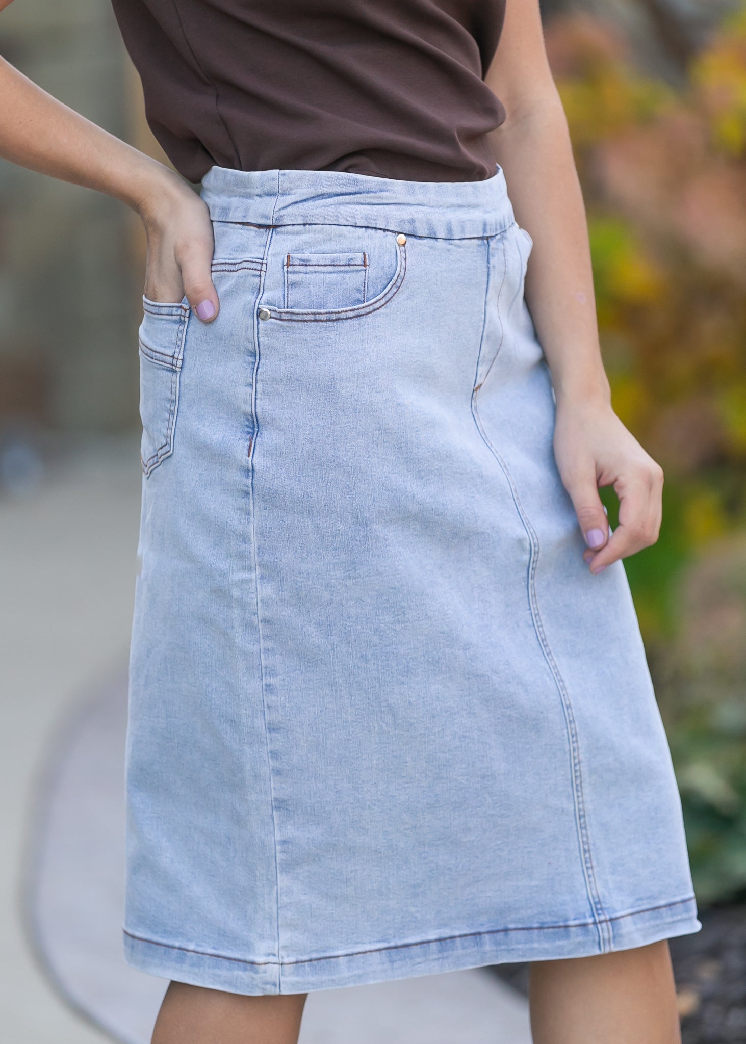 Sandra Light Wash Denim Midi Skirt - FINAL SALE – Inherit Co.