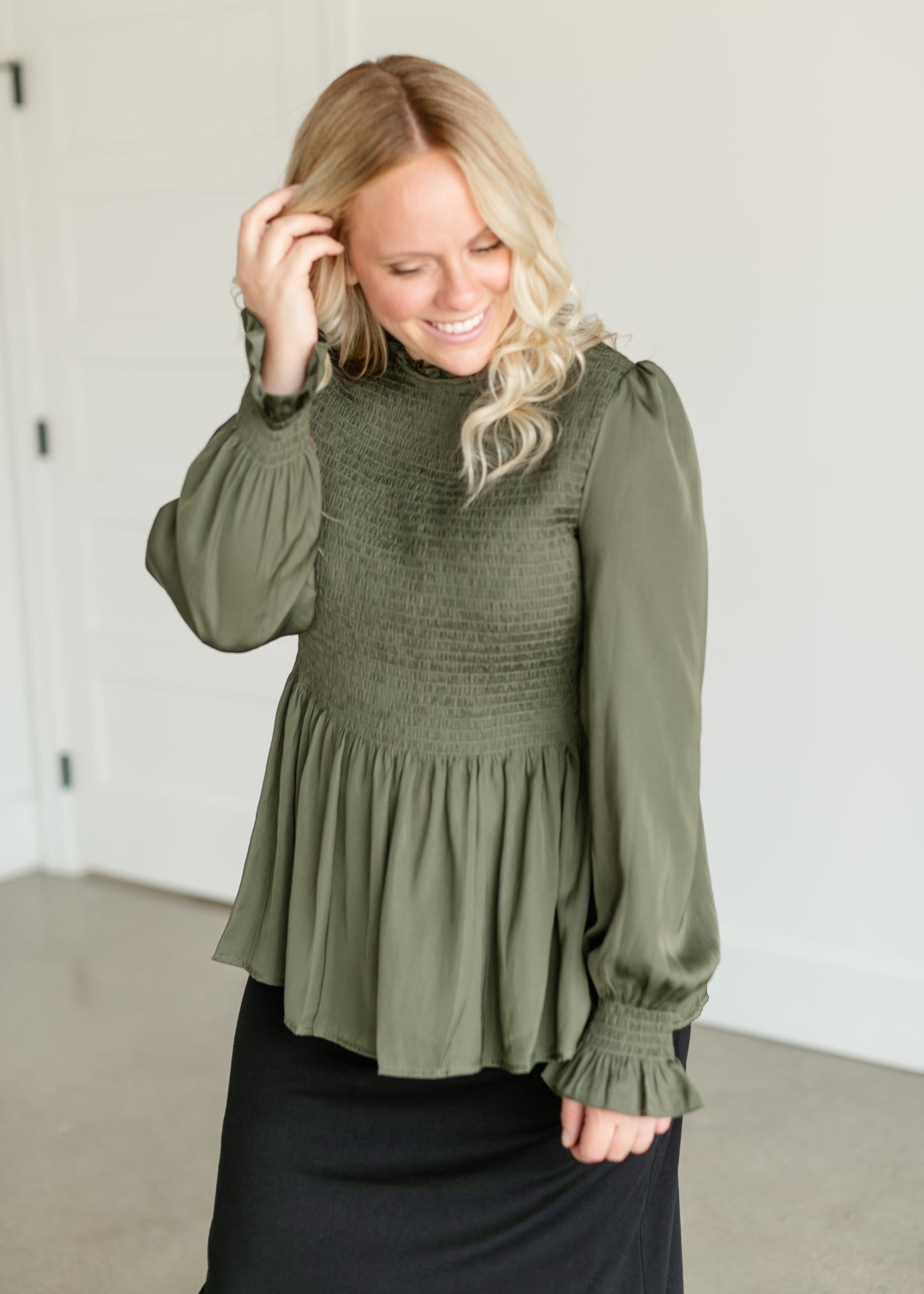 Satin Smocked Peplum Top FF Tops Olive / S