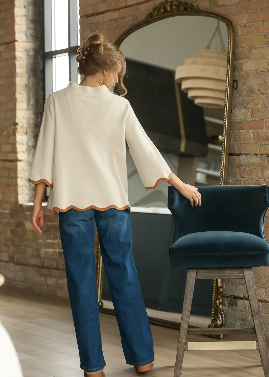 Scallop Edge Mock Neck Sweater Top FF Tops