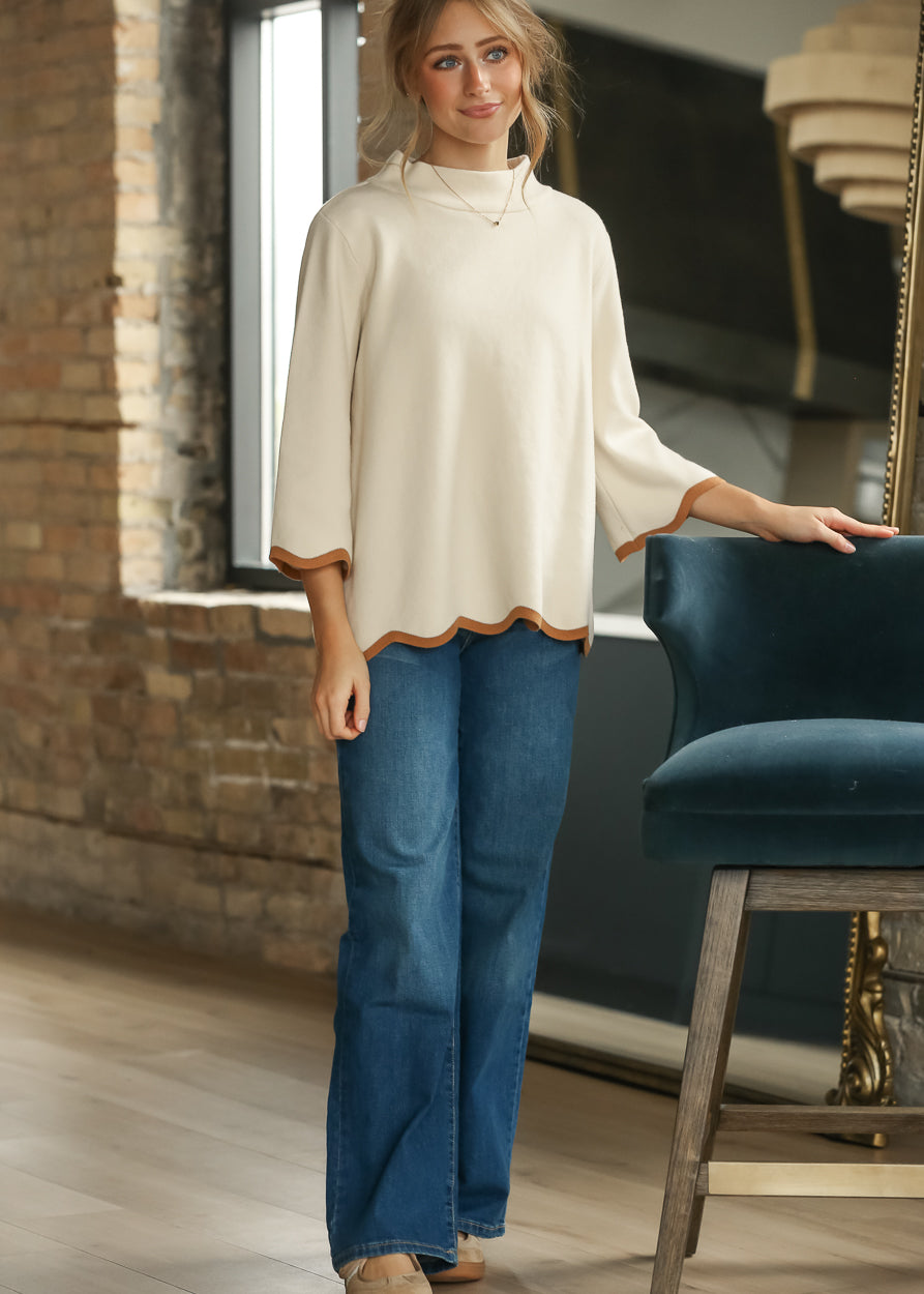 Scallop Edge Mock Neck Sweater Top FF Tops