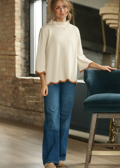 Scallop Edge Mock Neck Sweater Top FF Tops