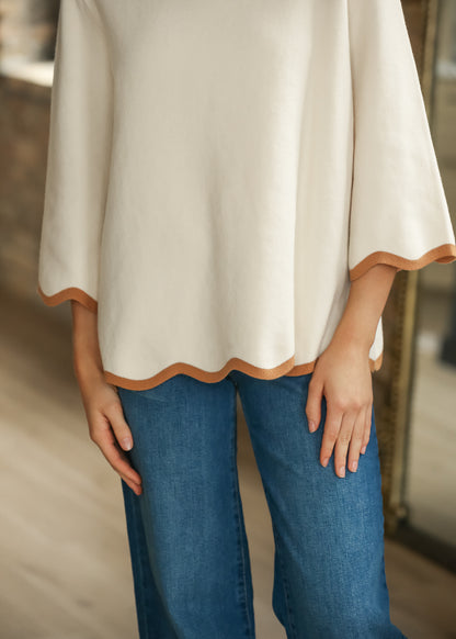 Scallop Edge Mock Neck Sweater Top FF Tops