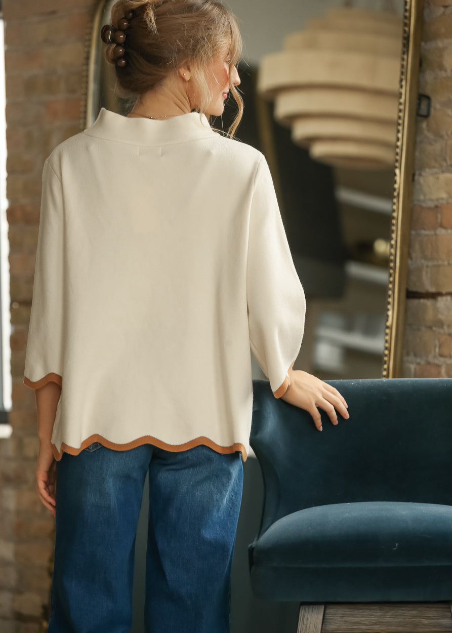 Scallop Edge Mock Neck Sweater Top FF Tops