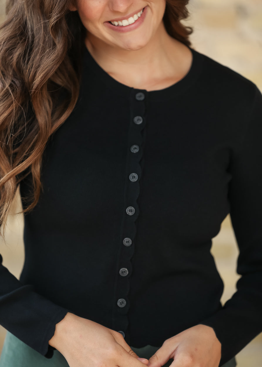 Scalloped Button Knit Black Long Sleeve Cardigan FF Layering Essentials
