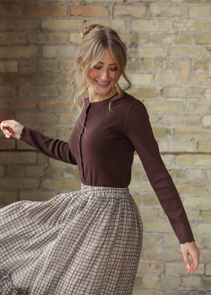 Scalloped Button Knit Brown Long Sleeve Cardigan FF Layering Essentials