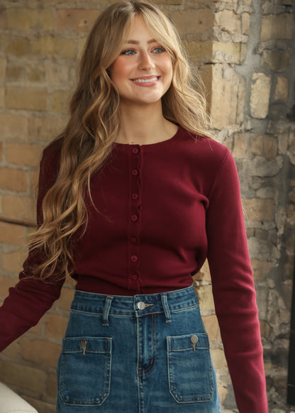 Scalloped Button Knit Burgundy Long Sleeve Cardigan FF Layering Essentials