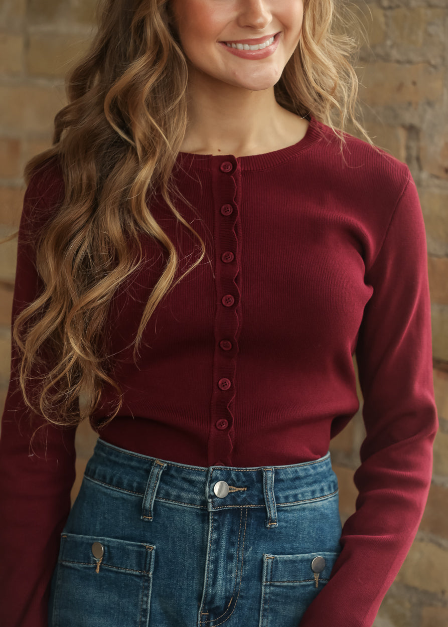 Scalloped Button Knit Burgundy Long Sleeve Cardigan FF Layering Essentials