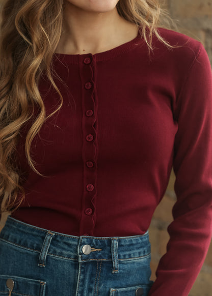 Scalloped Button Knit Burgundy Long Sleeve Cardigan FF Layering Essentials