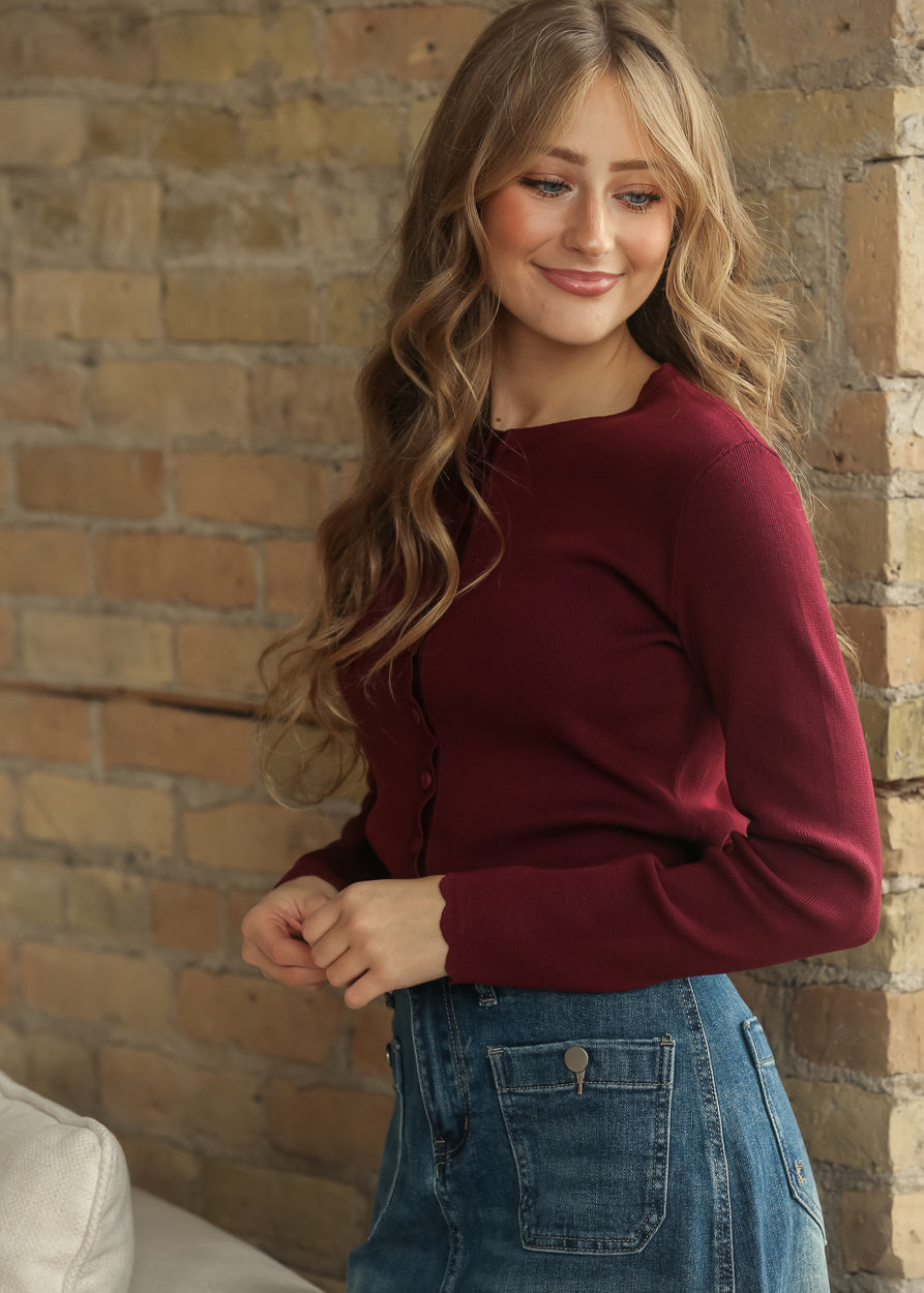 Scalloped Button Knit Burgundy Long Sleeve Cardigan FF Layering Essentials