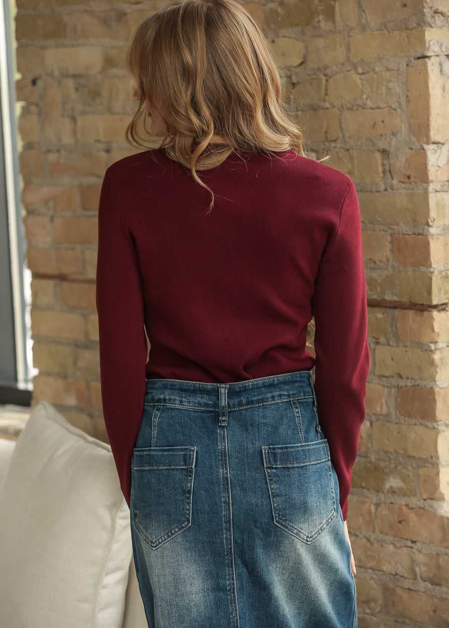 Scalloped Button Knit Burgundy Long Sleeve Cardigan FF Layering Essentials