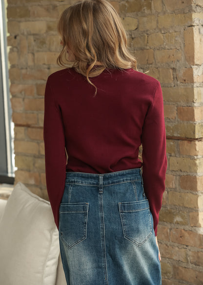 Scalloped Button Knit Burgundy Long Sleeve Cardigan FF Layering Essentials