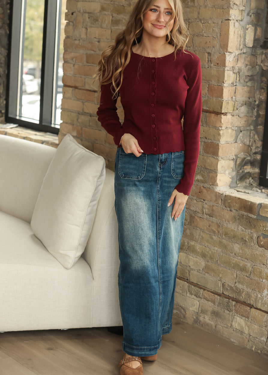 Scalloped Button Knit Burgundy Long Sleeve Cardigan FF Layering Essentials
