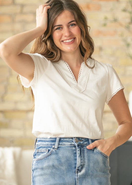 Scalloped Detail V Neck Top FF Tops