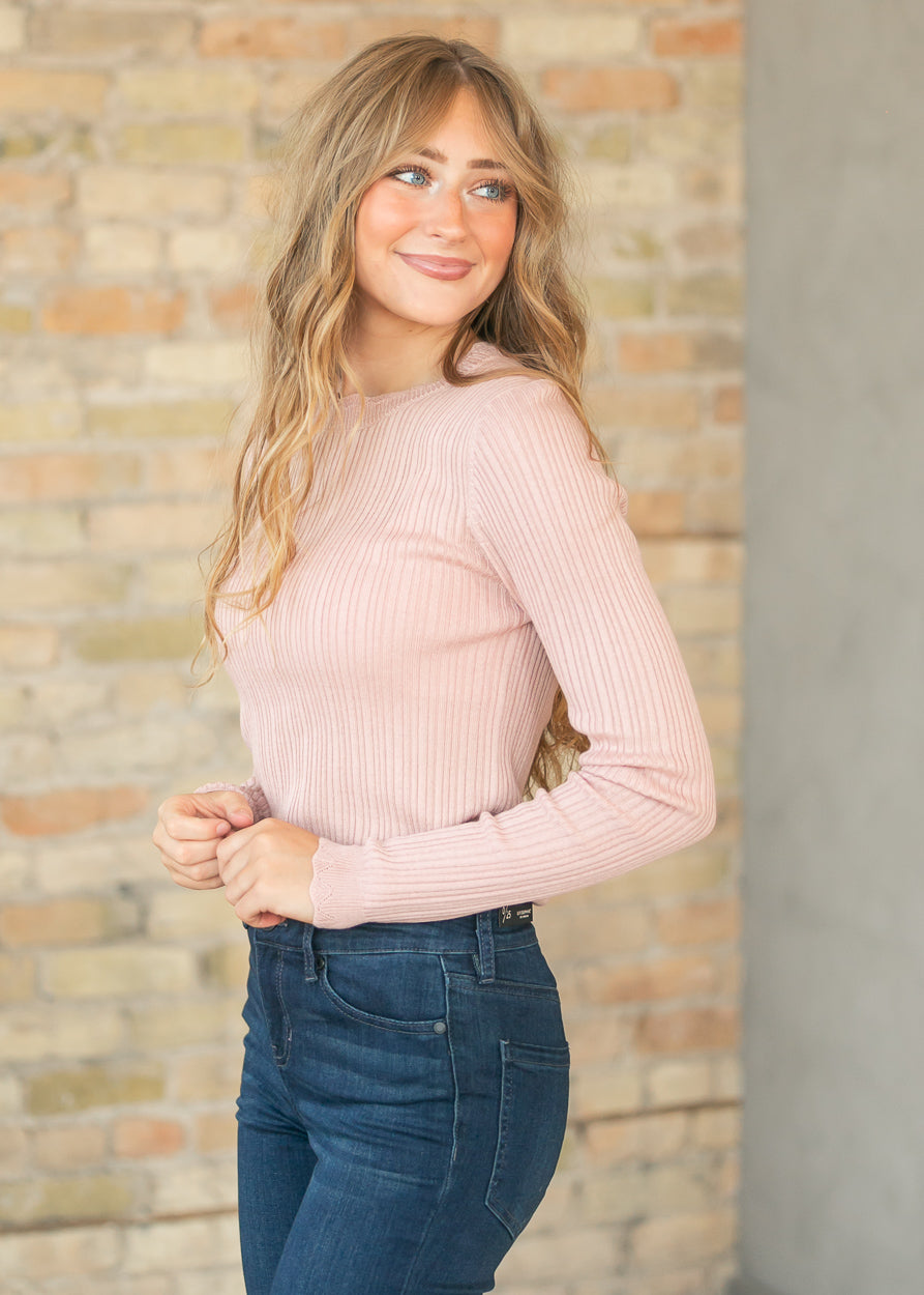 Scalloped Edge Peony Ribbed Sweater Top FF Tops
