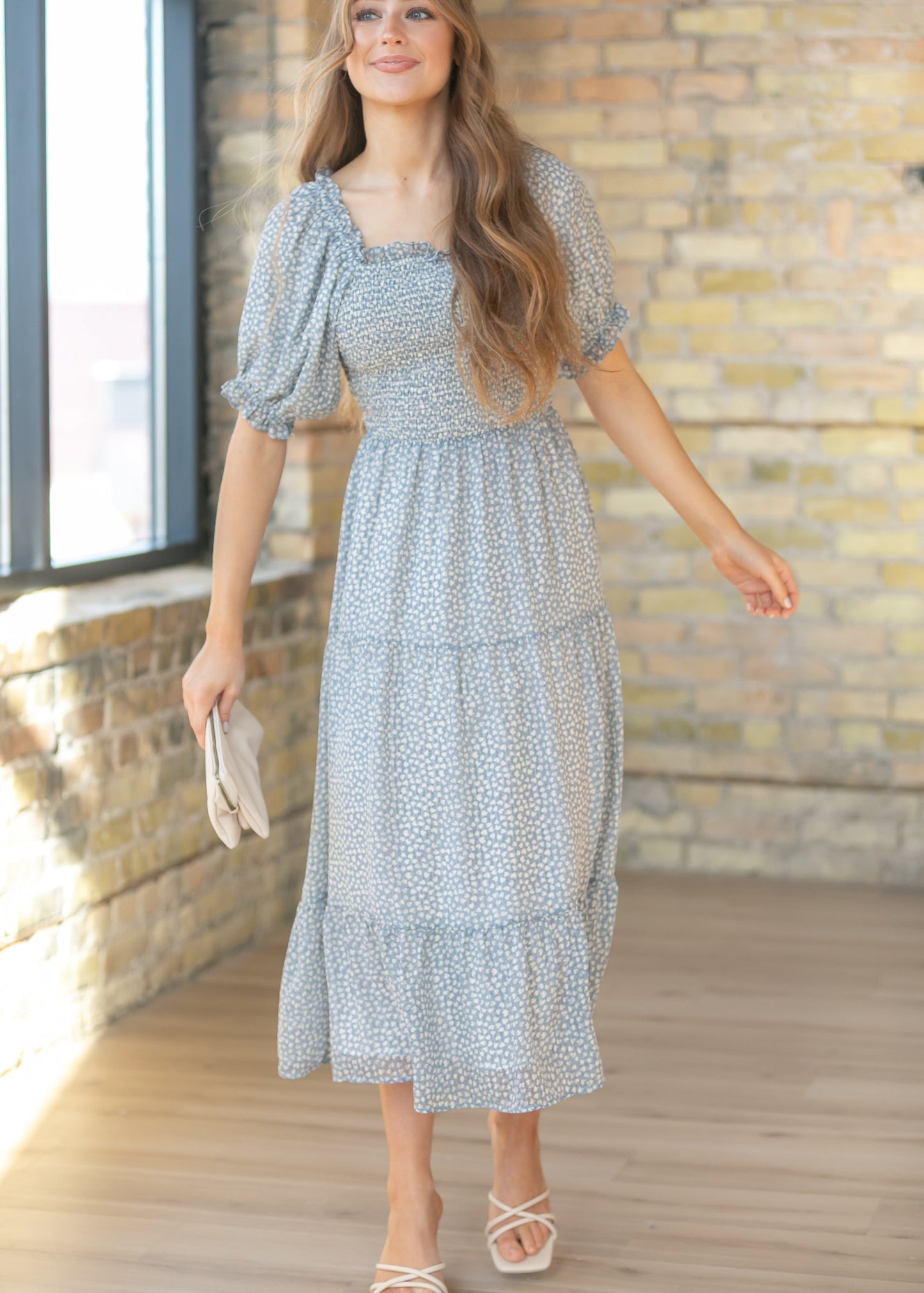 Sherelle Cloud Square Neck Smocked Midi Dress FF Dresses