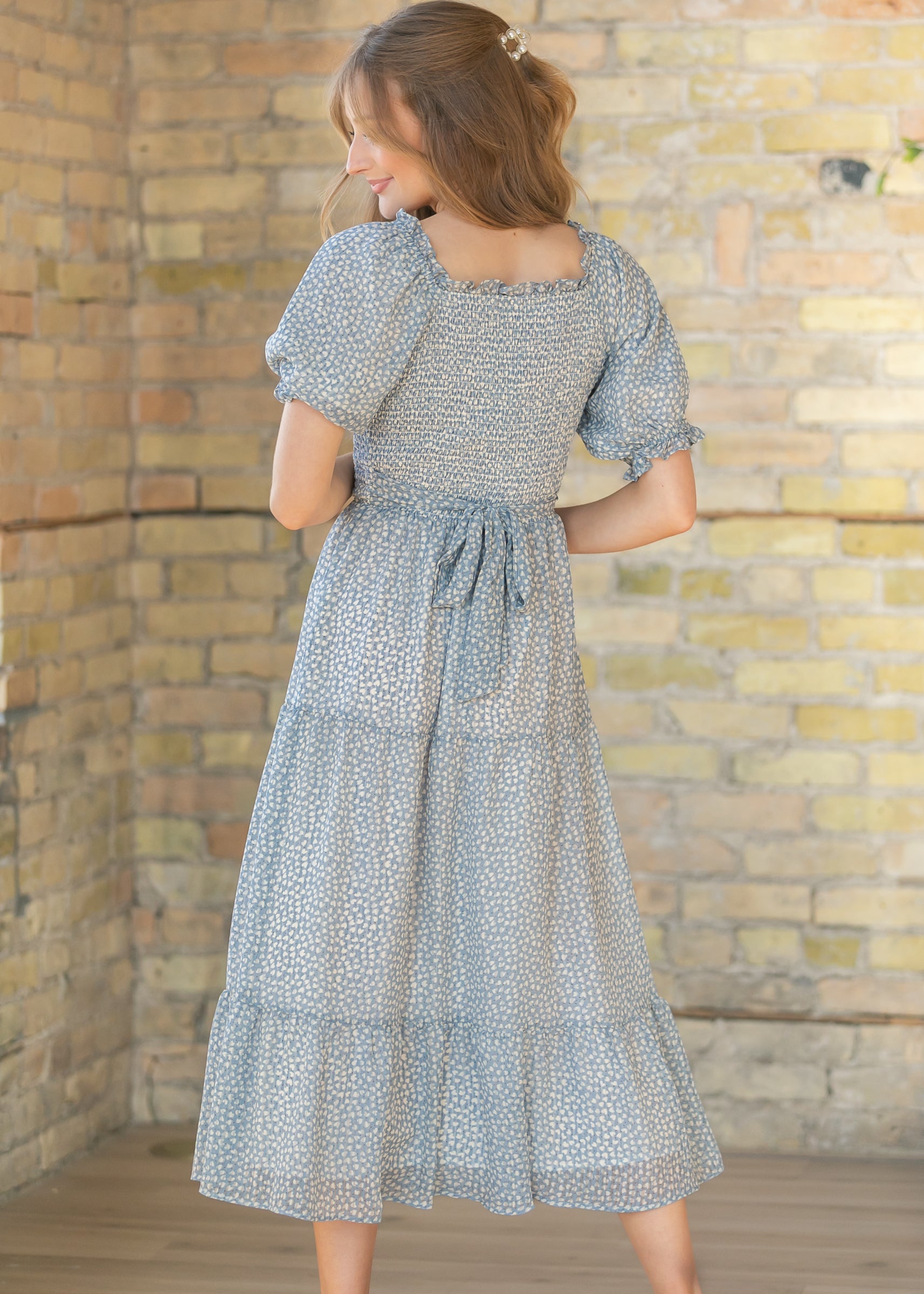 Sherelle Cloud Square Neck Smocked Midi Dress FF Dresses