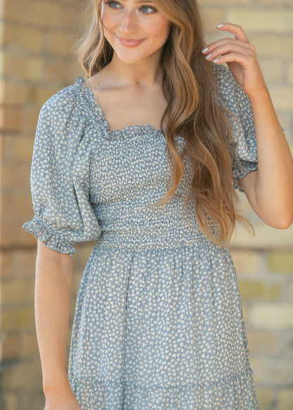 Sherelle Cloud Square Neck Smocked Midi Dress FF Dresses