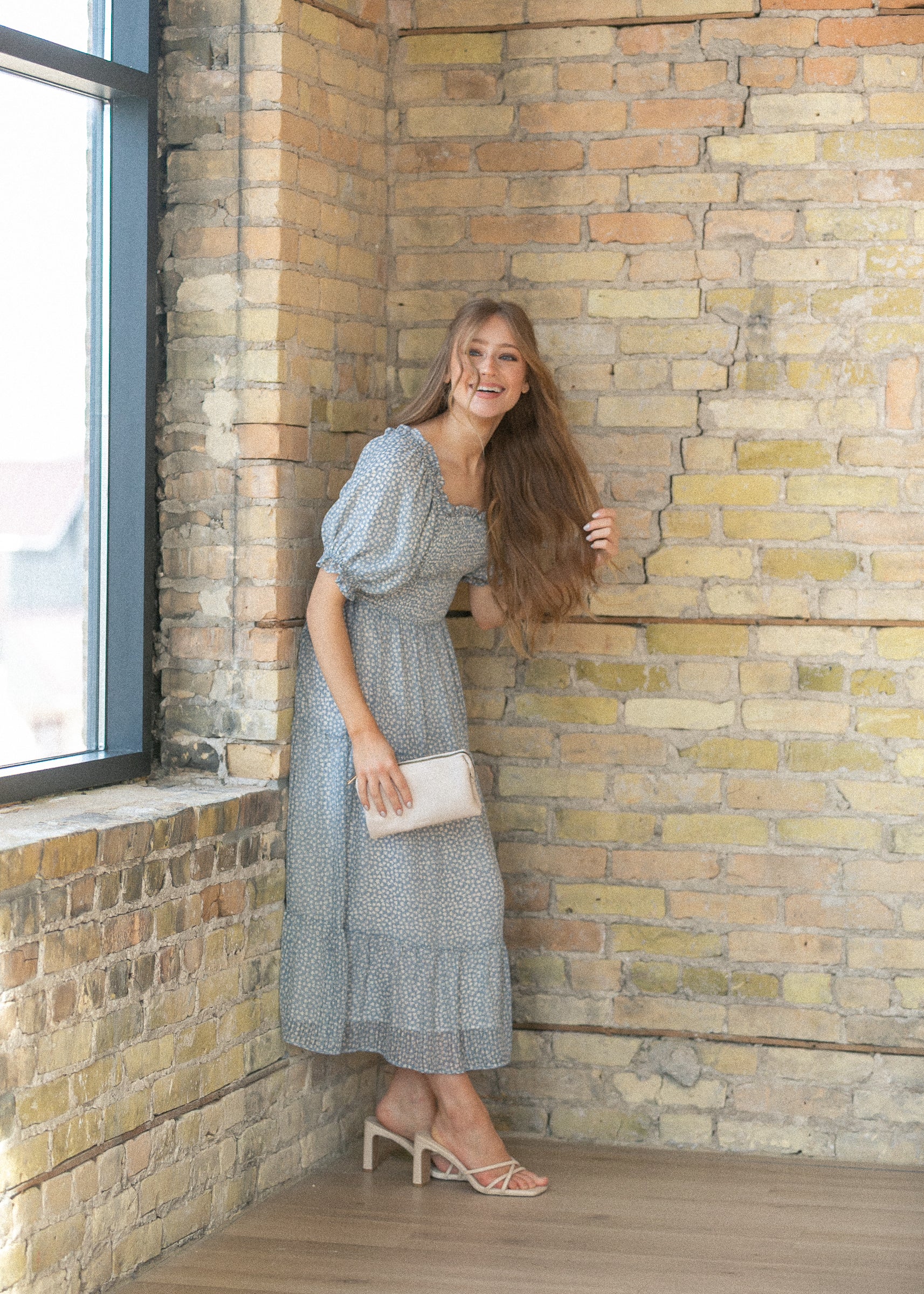 Sherelle Cloud Square Neck Smocked Midi Dress FF Dresses