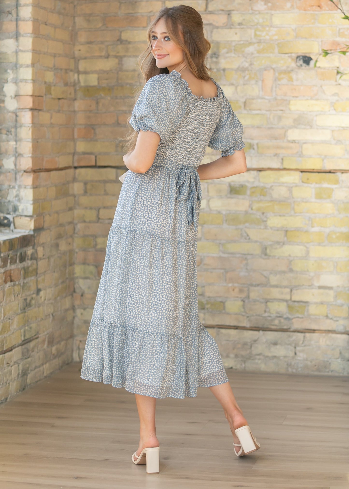Sherelle Cloud Square Neck Smocked Midi Dress FF Dresses