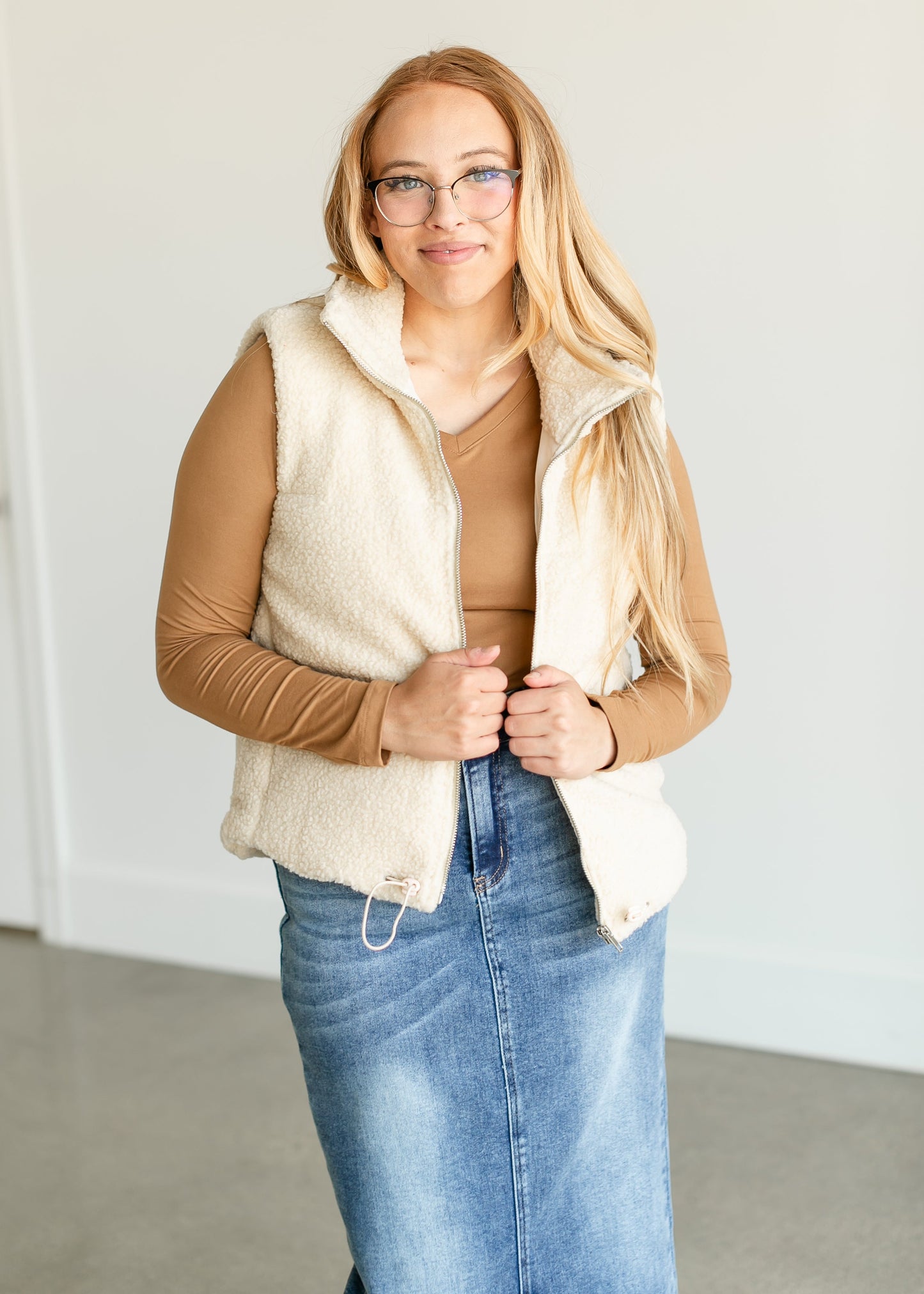 Sherpa Full Zip Puffer Vest FF Tops Cream / S