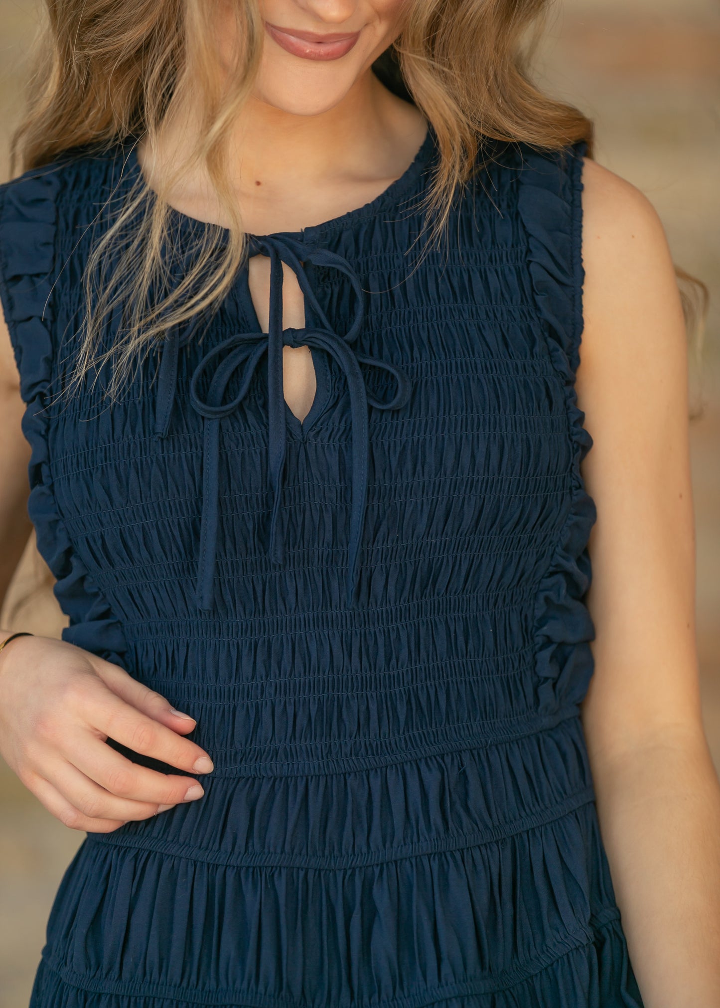 Shirred Front Tie Smocked Maxi Dress FF Dresses