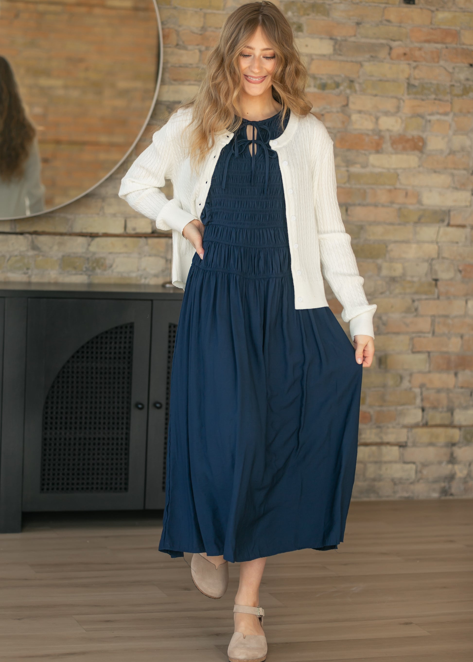 Shirred Front Tie Smocked Maxi Dress FF Dresses