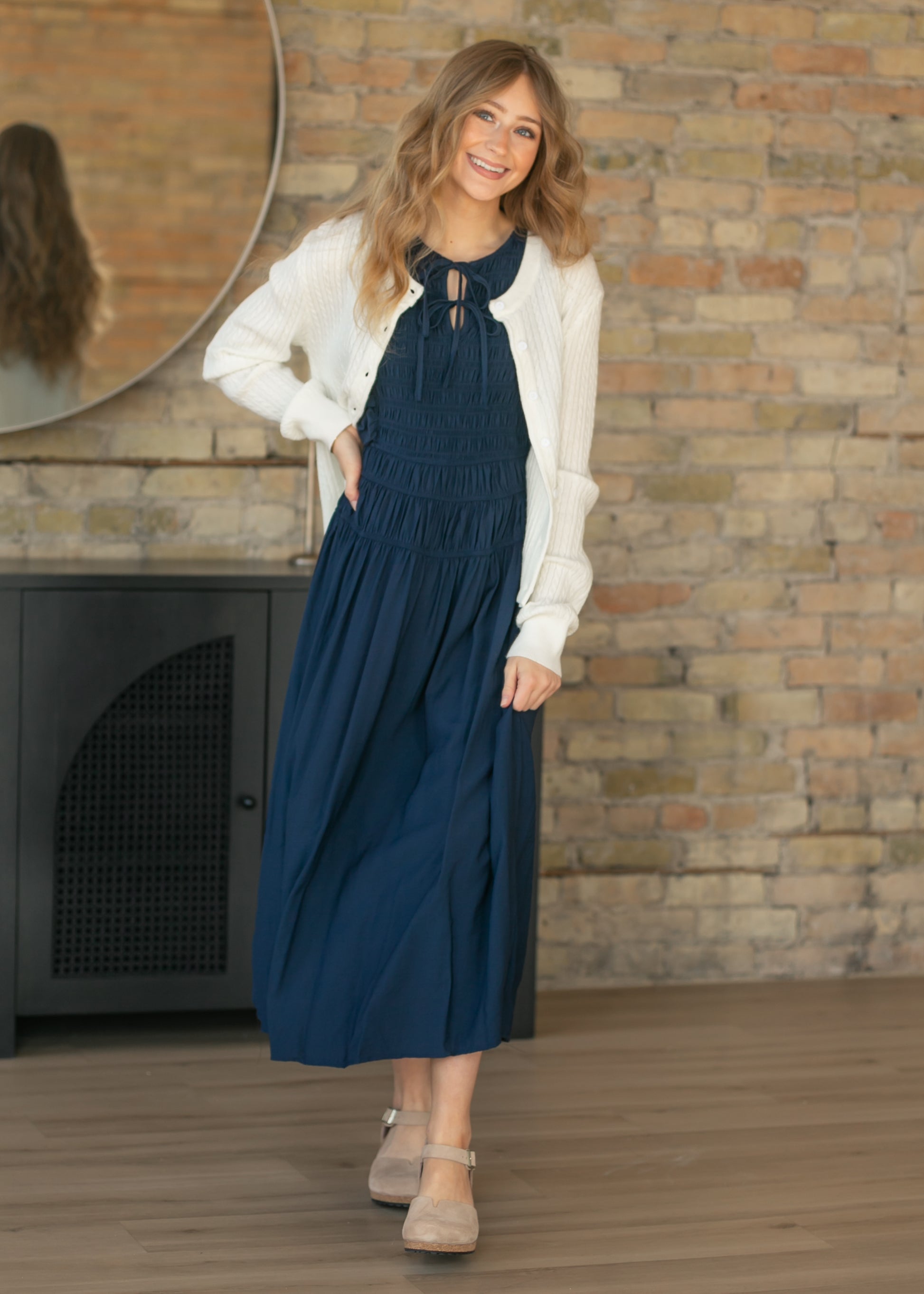Shirred Front Tie Smocked Maxi Dress FF Dresses