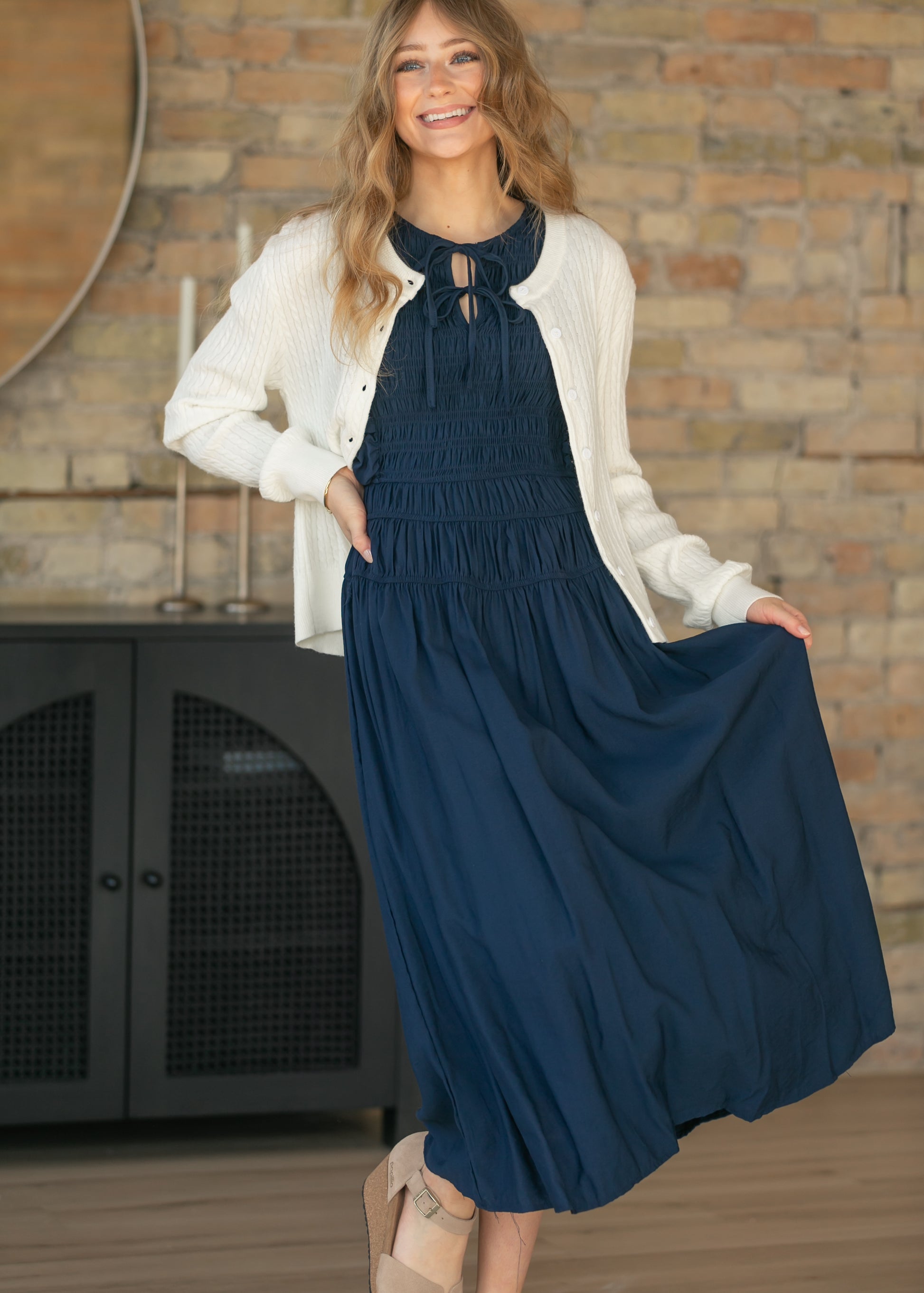 Shirred Front Tie Smocked Maxi Dress, Large