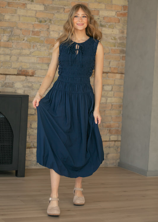 Shirred Front Tie Smocked Maxi Dress FF Dresses