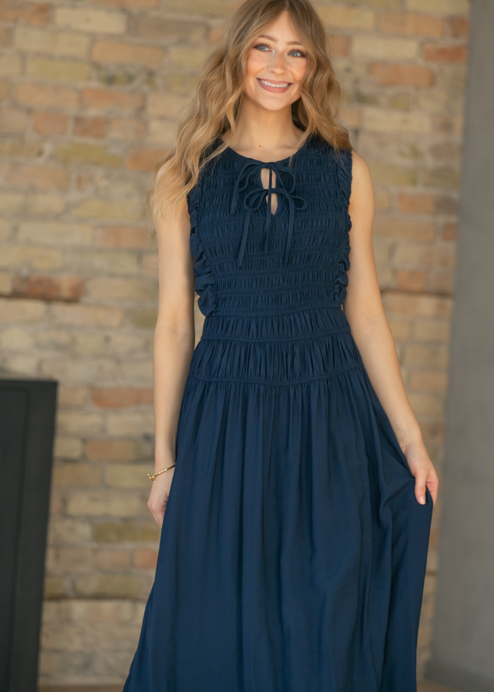 Shirred Front Tie Smocked Maxi Dress FF Dresses